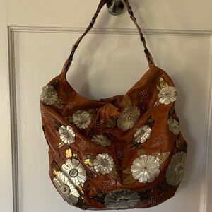 Cole Haan Floral Embellished Brown and Silver Hobo Bag